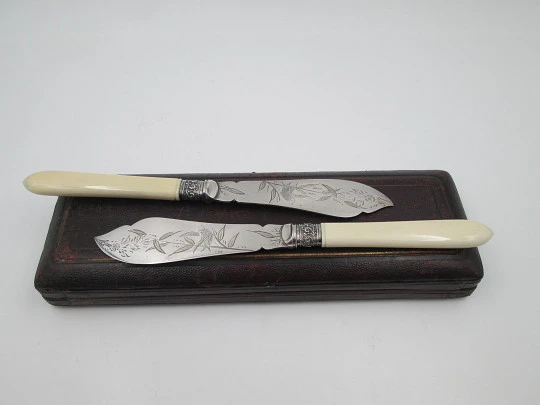 Boxed travel cutlery. Ornate butter knife set. Alpaca and ivory. Birds & leaves motifs. 1900's