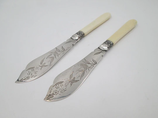 Boxed travel cutlery. Ornate butter knife set. Alpaca and ivory. Birds & leaves motifs. 1900's