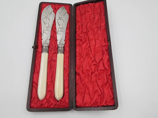 Boxed travel cutlery. Ornate butter knife set. Alpaca and ivory. Birds & leaves motifs. 1900's