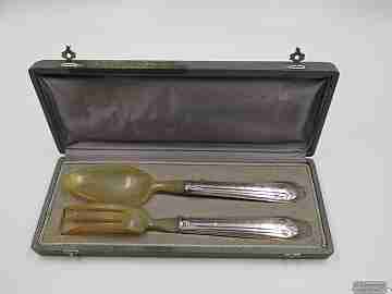 Boxed travel cutlery. Spoon & fork. Sterling silver and antler. 1940's
