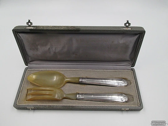 Boxed travel cutlery. Spoon & fork. Sterling silver and antler. 1940's