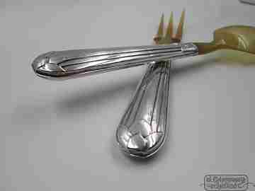 Boxed travel cutlery. Spoon & fork. Sterling silver and antler. 1940's