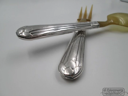 Boxed travel cutlery. Spoon & fork. Sterling silver and antler. 1940's