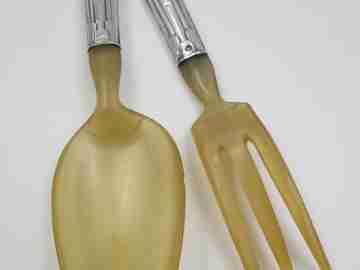 Boxed travel cutlery. Spoon & fork. Sterling silver and antler. 1940's
