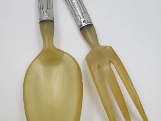 Boxed travel cutlery. Spoon & fork. Sterling silver and antler. 1940's