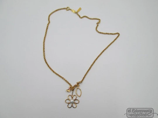 Braided chain Tous with cultured pearl flower pendant. Silver vermeil