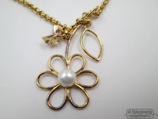 Braided chain Tous with cultured pearl flower pendant. Silver vermeil