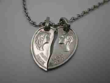 Braided link chain with heart two faces pendant. 925 sterling silver. Spain
