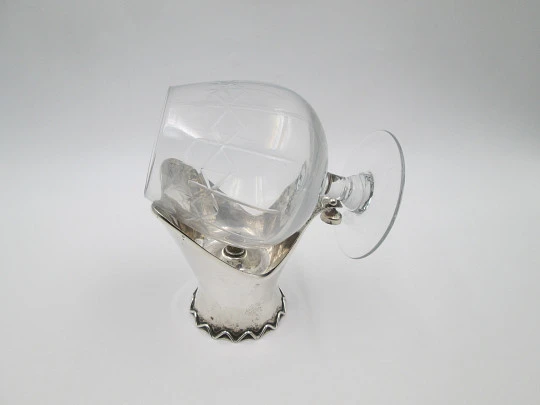 Brandy cognac glass warmer. 925 sterling silver and crystal. Alcohol burner. 1940's. Spain