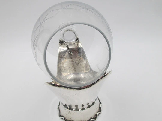 Brandy cognac glass warmer. 925 sterling silver and crystal. Alcohol burner. 1940's. Spain