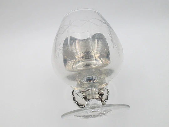 Brandy cognac glass warmer. 925 sterling silver and crystal. Alcohol burner. 1940's. Spain