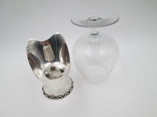 Brandy cognac glass warmer. 925 sterling silver and crystal. Alcohol burner. 1940's. Spain