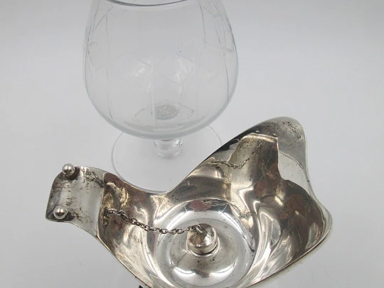 Brandy cognac glass warmer. 925 sterling silver and crystal. Alcohol burner. 1940's. Spain