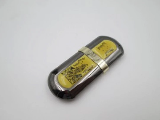 Brass Nº5 petrol lighter. Blued metal and whaling ship. Japan. 1990's