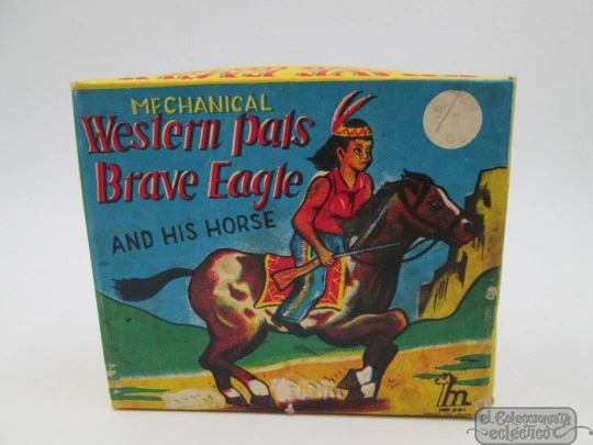 Brave Eagle and his horse. Mikuni. Tinplate. Japan. 1950's. Wind-up. Box