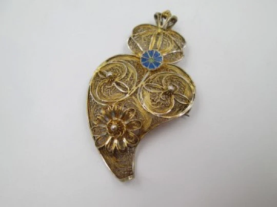 Broche / colgante corazón filigrana mujer. Plata ley vermeil. Joyería popular. 1950