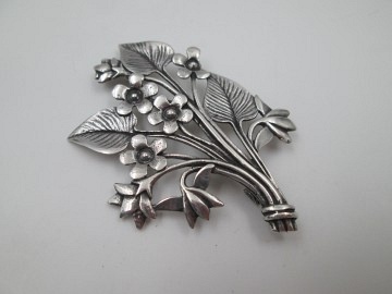 broche mujer plata de ley rama con flores y hojas 1960