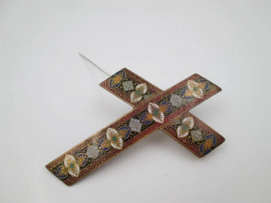 Bronze and colours enamel cross. Vegetable & geometric motifs. Silver pin. 1970's