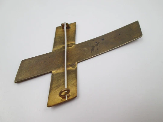 Bronze and colours enamel cross. Vegetable & geometric motifs. Silver pin. 1970's