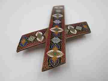 Bronze and colours enamel cross. Vegetable & geometric motifs. Silver pin. 1970's