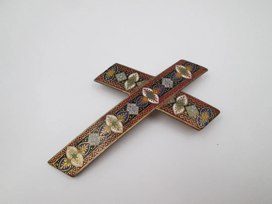 Bronze and colours enamel cross. Vegetable & geometric motifs. Silver pin. 1970's