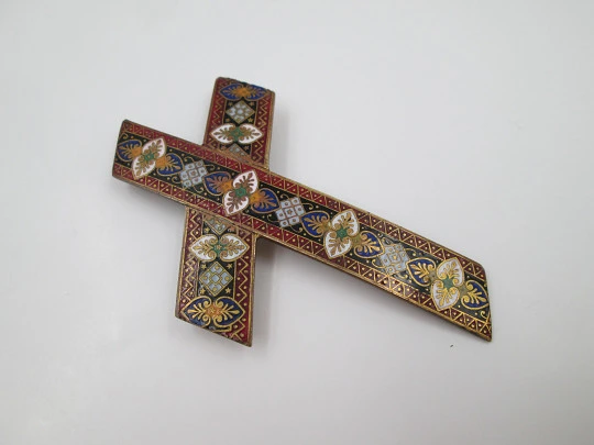 Bronze and colours enamel cross. Vegetable & geometric motifs. Silver pin. 1970's