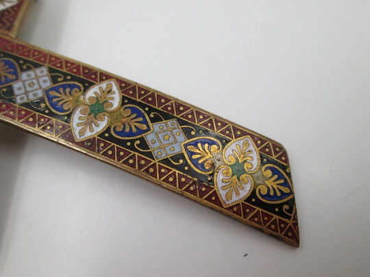 Bronze and colours enamel cross. Vegetable & geometric motifs. Silver pin. 1970's