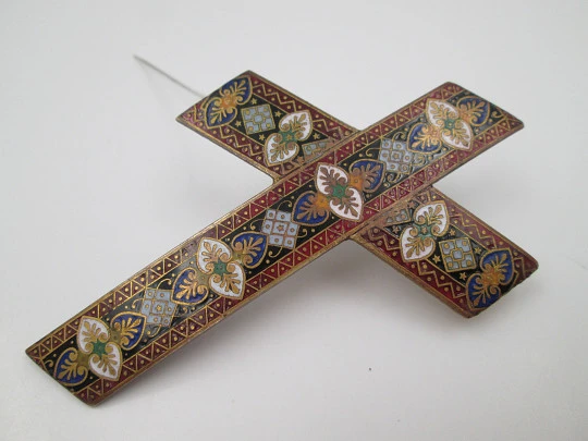 Bronze and colours enamel cross. Vegetable & geometric motifs. Silver pin. 1970's