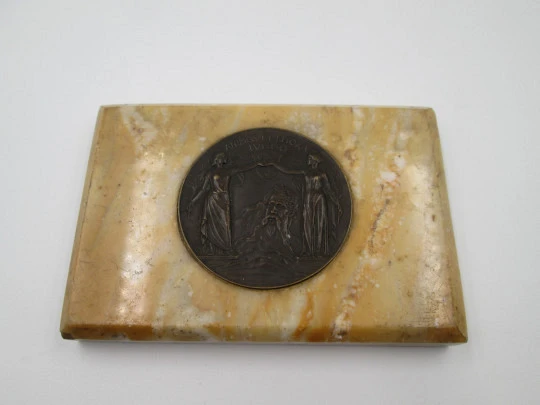 Bronze medal. Basel bridge inauguration 1905. Marble stand. Hans Frei author. Swiss