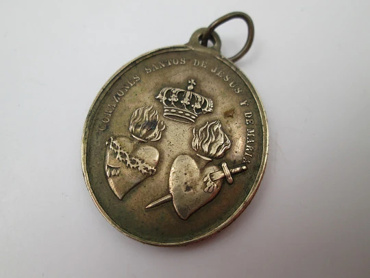 Bronze medal. Virgin of the Rosary and Sacred Hearts Jesus and Mary. Caque. 1900's