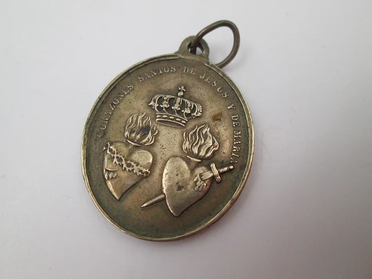 Bronze medal. Virgin of the Rosary and Sacred Hearts Jesus and Mary. Caque. 1900's