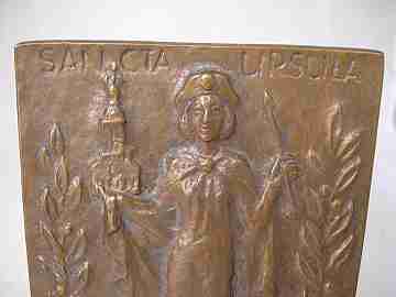 Bronze plaque. St. Ursula. Circa 1970's. High relief. Ring. Spain