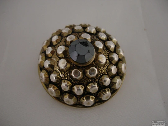 Brooch. Golden and silver metal. Black stone. 1970's. Hexagons