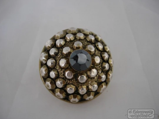 Brooch. Golden and silver metal. Black stone. 1970's. Hexagons