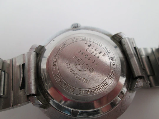 Buler Apollo. Chromed metal & stainless steel. Blue dial. Calendar. Bracelet. 1970's. Swiss Buler Apollo. Chromed metal & stainless steel. Blue dial. Calendar. Bracelet. 1970's. Swiss