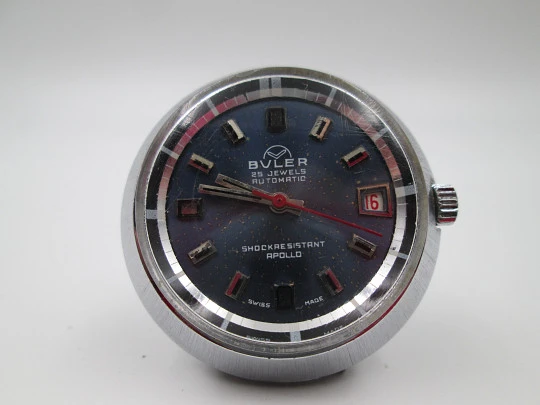 Buler Apollo. Chromed metal & stainless steel. Blue dial. Calendar. Bracelet. 1970's. Swiss Buler Apollo. Chromed metal & stainless steel. Blue dial. Calendar. Bracelet. 1970's. Swiss
