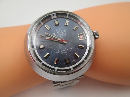 Buler Apollo. Chromed metal & stainless steel. Blue dial. Calendar. Bracelet. 1970's. Swiss Buler Apollo. Chromed metal & stainless steel. Blue dial. Calendar. Bracelet. 1970's. Swiss