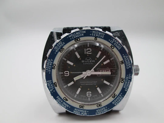 Buler Especial GMT. World Time. Chromed metal & steel. 1960's