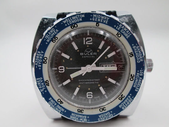 Buler Especial GMT. World Time. Chromed metal & steel. 1960's