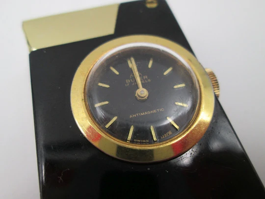 Buler pocket petrol lighter / mechanical watch. Black lacquer metal & gold plated. 1960's