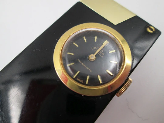 Buler pocket petrol lighter / mechanical watch. Black lacquer metal & gold plated. 1960's