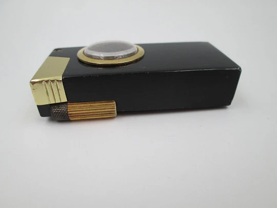 Buler pocket petrol lighter / mechanical watch. Black lacquer metal & gold plated. 1960's