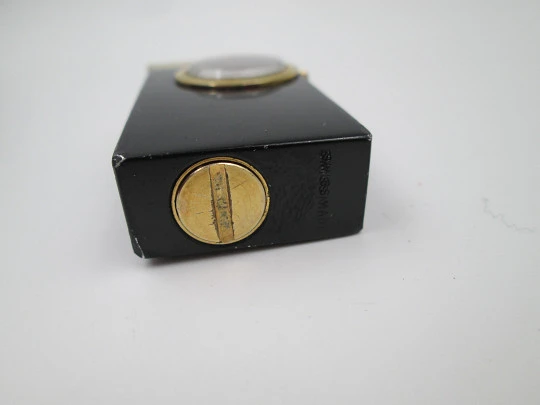 Buler pocket petrol lighter / mechanical watch. Black lacquer metal & gold plated. 1960's