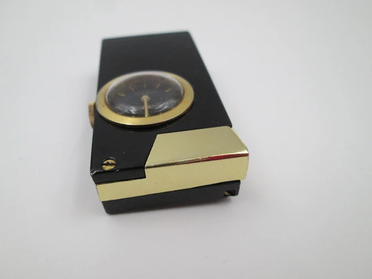 Buler pocket petrol lighter / mechanical watch. Black lacquer metal & gold plated. 1960's