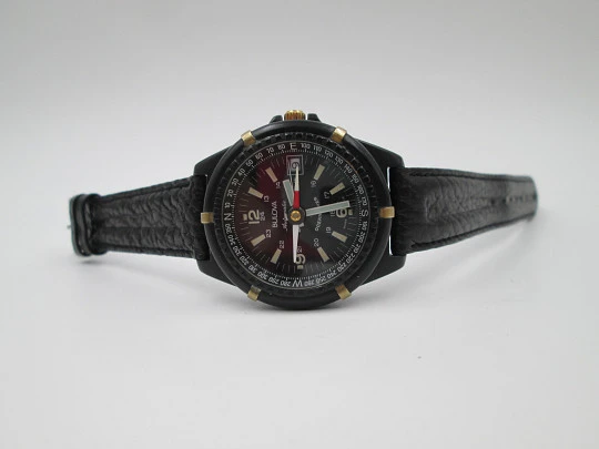 Bulova Ocean Timer. Acero pavonado negro. Automático. Brújula. Estuche piel. 1975