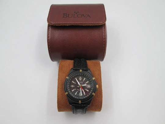 Bulova Ocean Timer. Acero pavonado negro. Automático. Brújula. Estuche piel. 1975