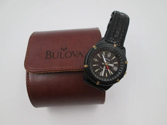 Bulova Ocean Timer. Acero pavonado negro. Automático. Brújula. Estuche piel. 1975
