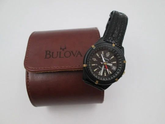 Bulova Ocean Timer. Black enameled steel. Automatic. Compass. Leather box. 1975's