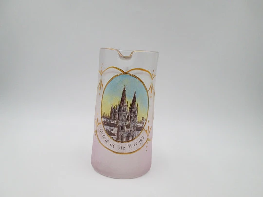 Burgos Cathedral glass jug. Painted medallion and gold leaf inlays. 1920's