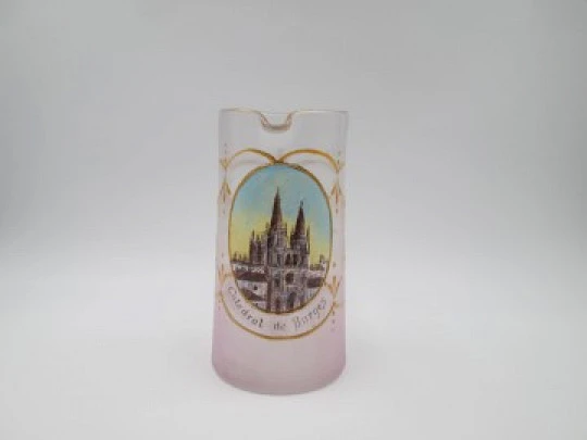 Burgos Cathedral glass jug. Painted medallion and gold leaf inlays. 1920's